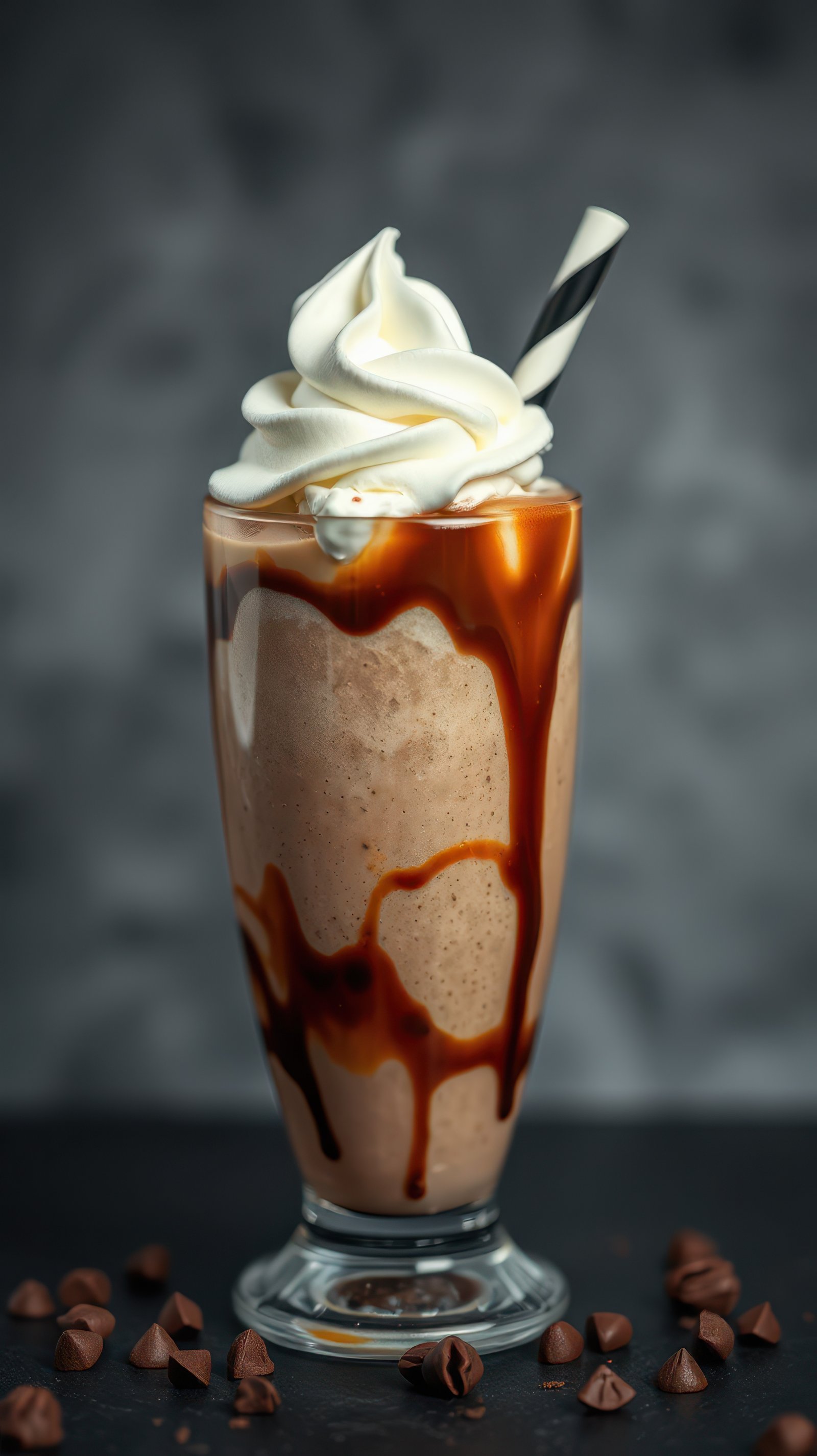 Delicious chocolate milkshake topped with whipped cream and caramel drizzle in a glass